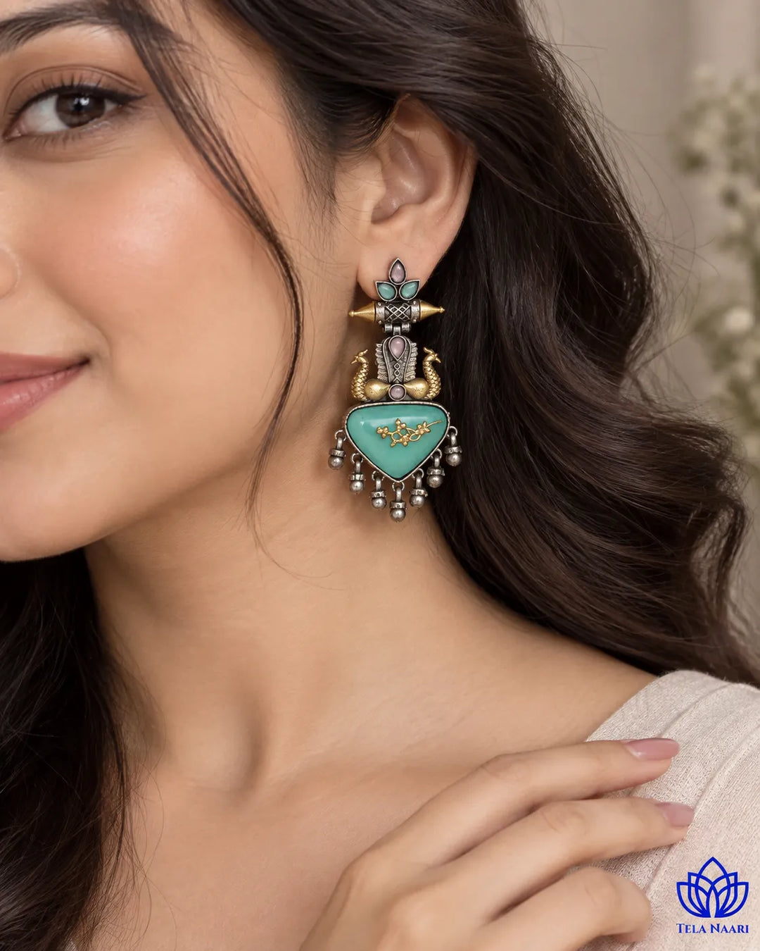 Dhruti Dual Tone Sea Green Silver-Plated Earrings