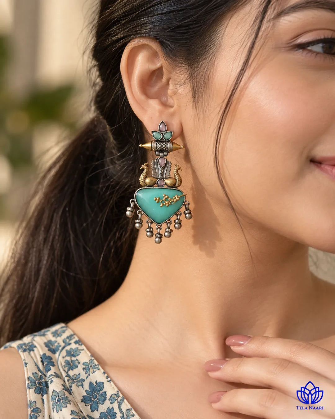 Dhruti Dual Tone Sea Green Silver-Plated Earrings