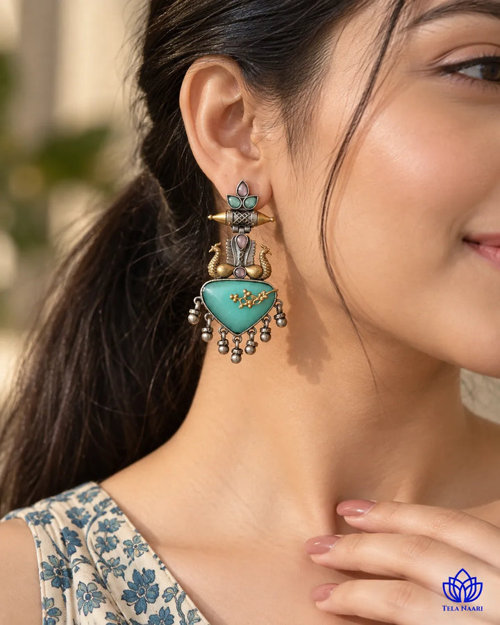 Dhruti Dual Tone Sea Green Silver-Plated Earrings
