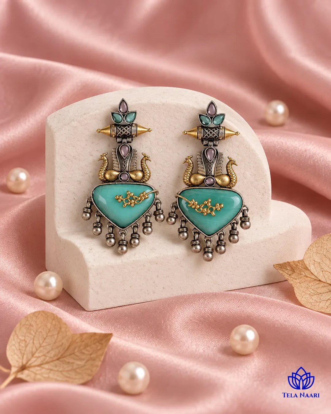 Dhruti Dual Tone Sea Green Silver-Plated Earrings