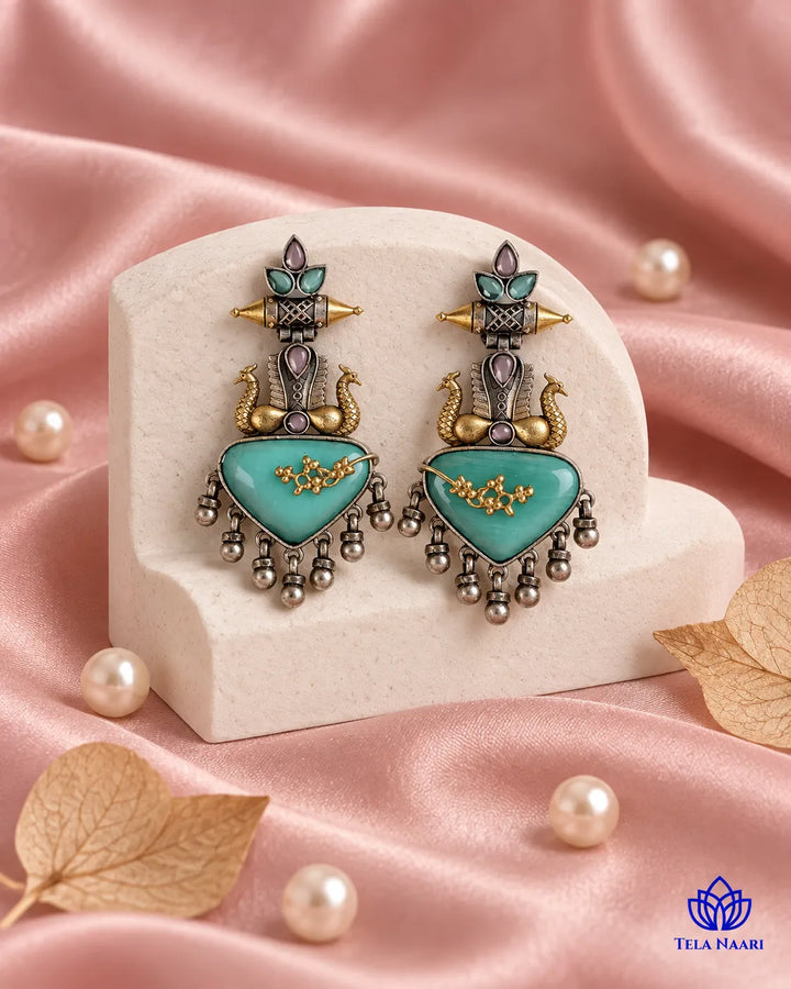 Dhruti Dual Tone Sea Green Silver-Plated Earrings