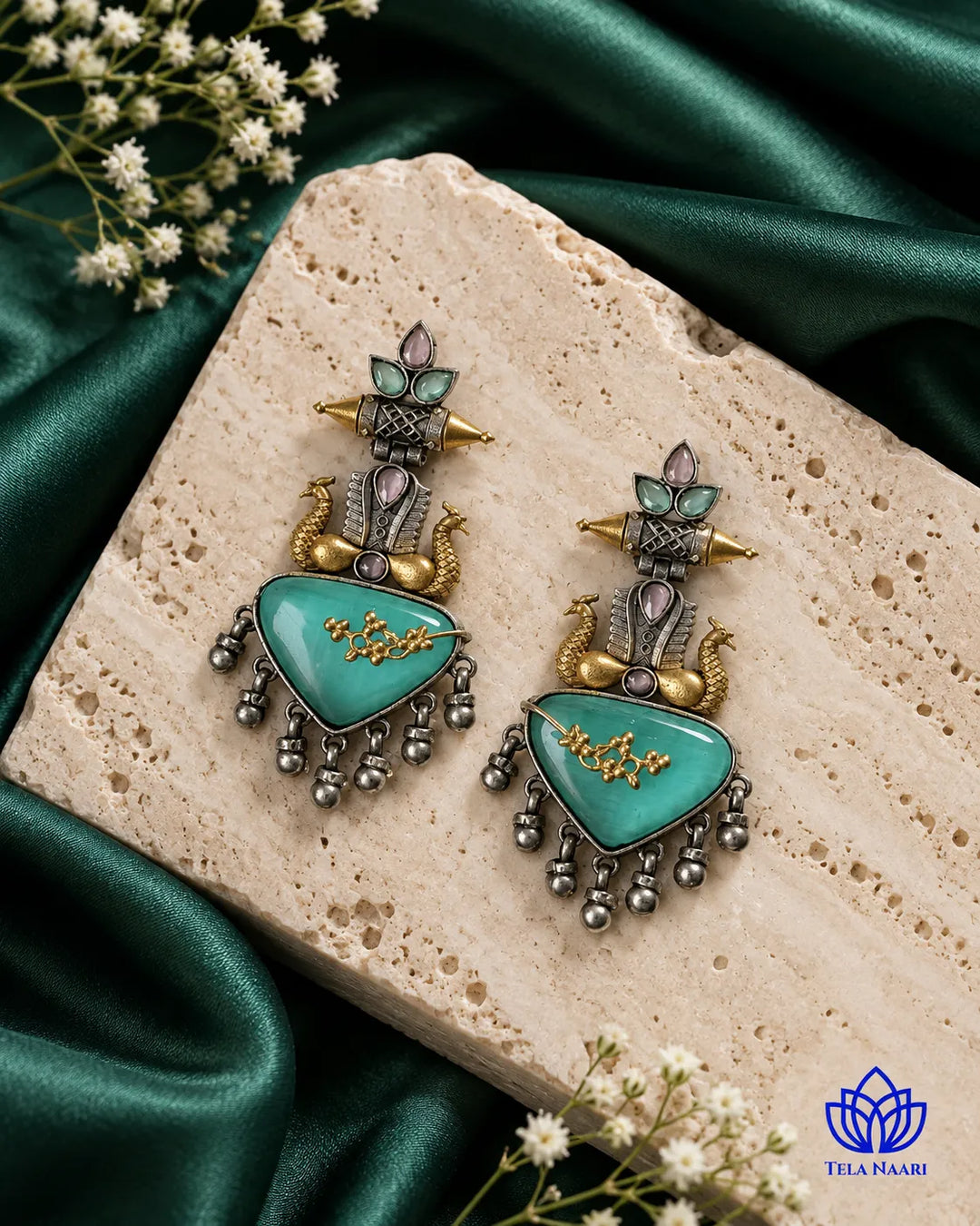 Dhruti Dual Tone Sea Green Silver-Plated Earrings