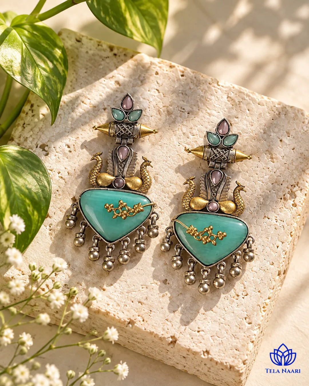 Dhruti Dual Tone Sea Green Silver-Plated Earrings