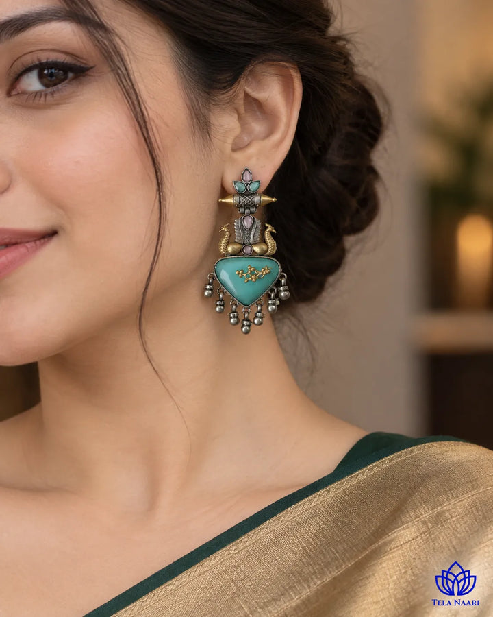 Dhruti Dual Tone Sea Green Silver-Plated Earrings