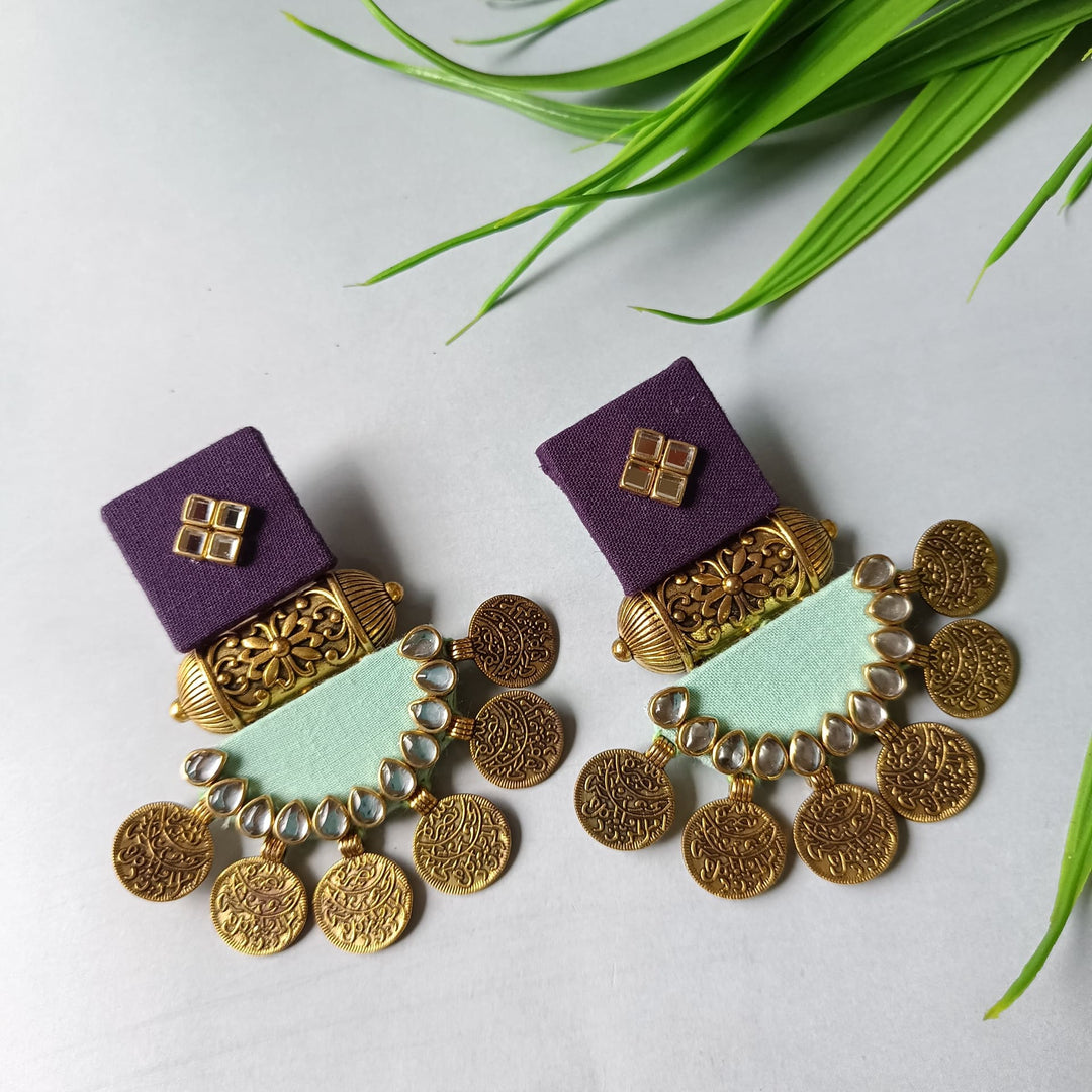 Telanaari Dove Handmade Purple & Grey-Green Fabric Earrings | Gold-Plated Designer Jewelry - TelaNaari