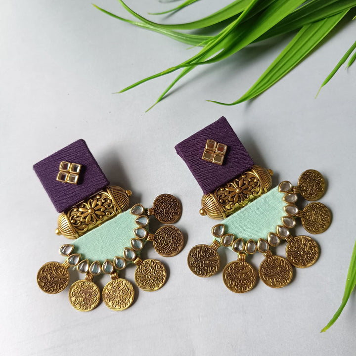 Telanaari Dove Handmade Purple & Grey-Green Fabric Earrings | Gold-Plated Designer Jewelry - TelaNaari
