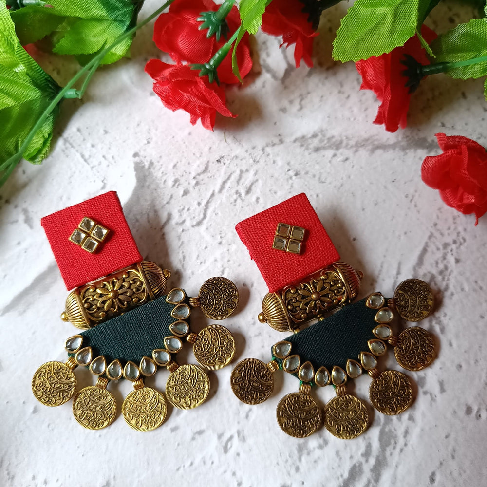 Telanaari Dove Handmade Red & Dark Green Fabric Earrings | Gold-Plated Ethnic Jewelry - TelaNaari