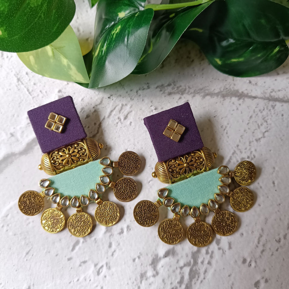 Telanaari Dove Handmade Purple & Grey-Green Fabric Earrings | Gold-Plated Designer Jewelry - TelaNaari