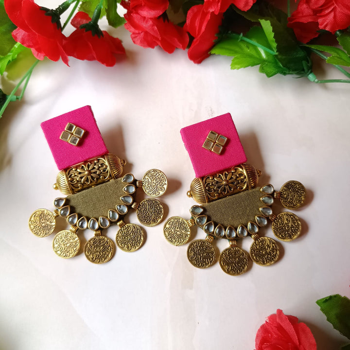 Telanaari Dove Handmade Pink & Sap Green Fabric Earrings | Gold-Plated Statement Jewelry - TelaNaari