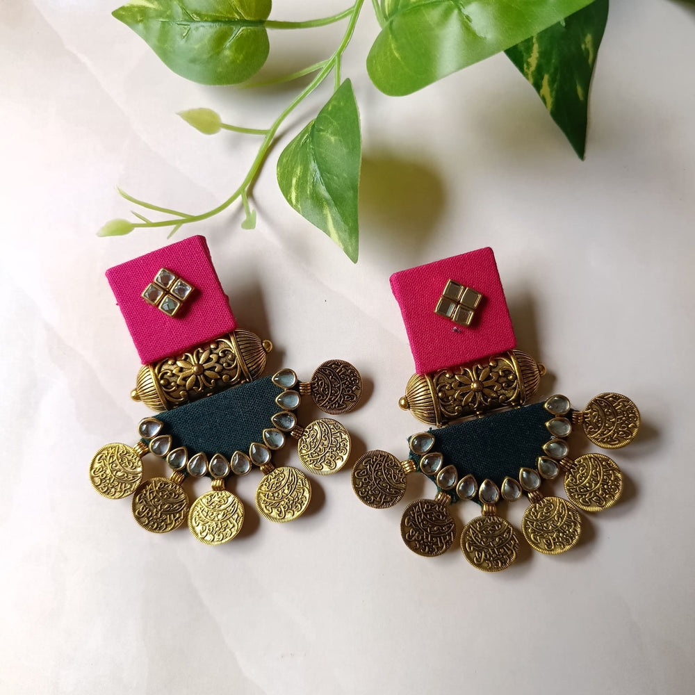 Telanaari Dove Handmade Pink & Dark Green Fabric Earrings | Gold-Plated Designer Jewelry - TelaNaari
