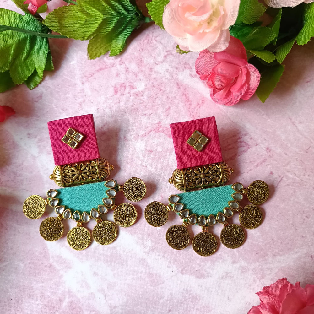 Telanaari Dove Handmade Pink & Eastern Blue Fabric Earrings | Gold-Plated Statement Jewelry - TelaNaari