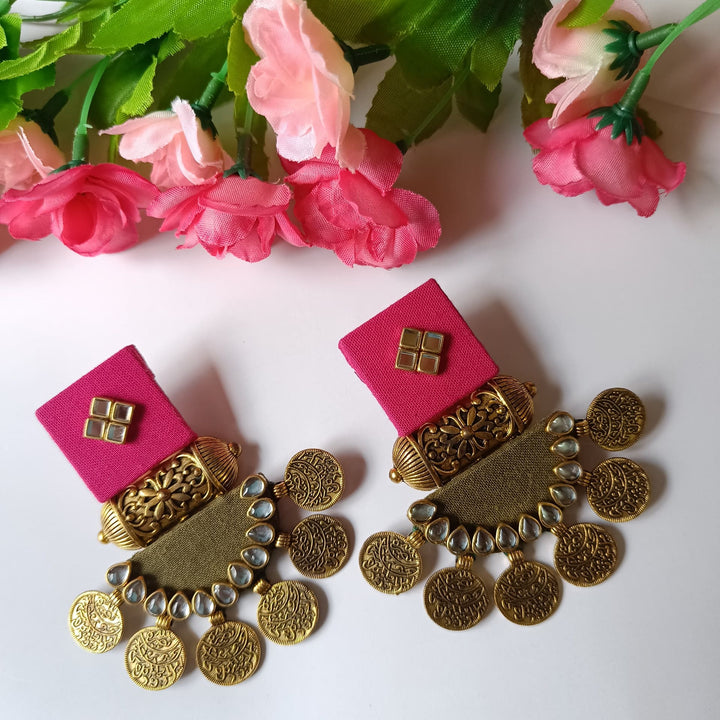 Telanaari Dove Handmade Pink & Sap Green Fabric Earrings | Gold-Plated Statement Jewelry - TelaNaari