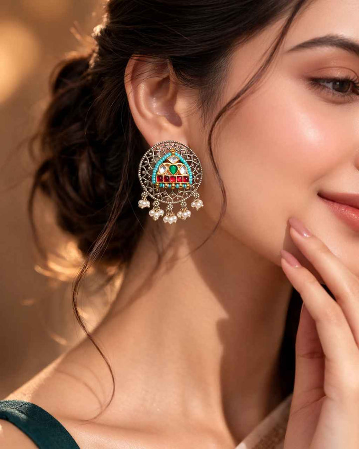 Anuradha Dual Tone Fushion Pachi Kundan Silver Plated Earrings