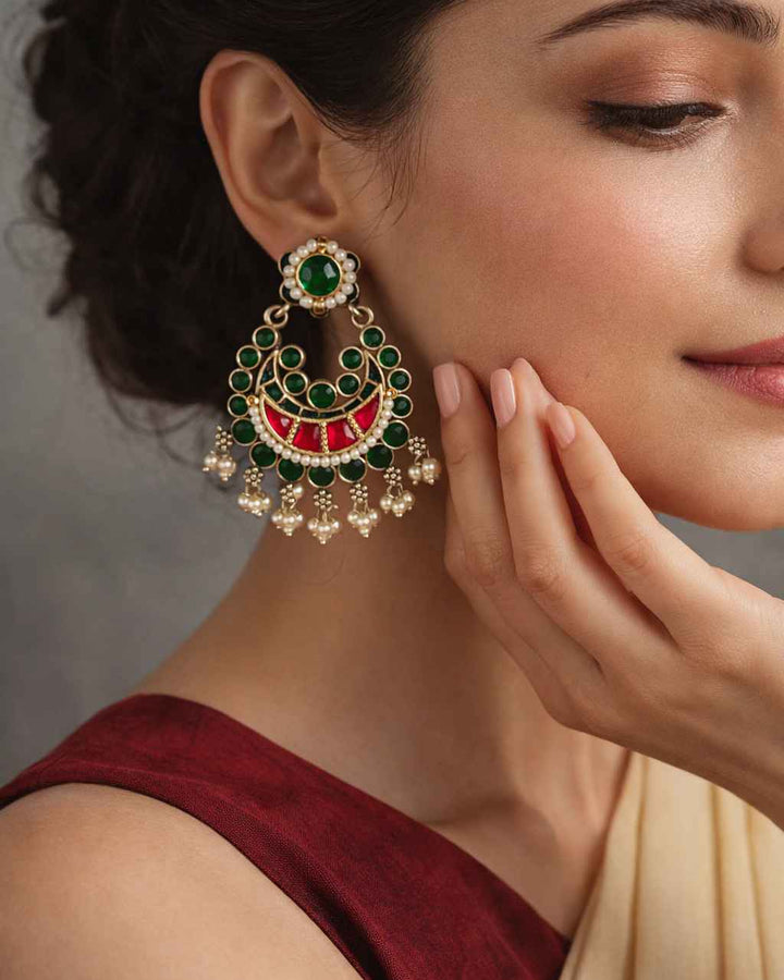 Telanaari Elegant Megha Dual Tone Fushion Pachi Kundan Silver Plated Earrings