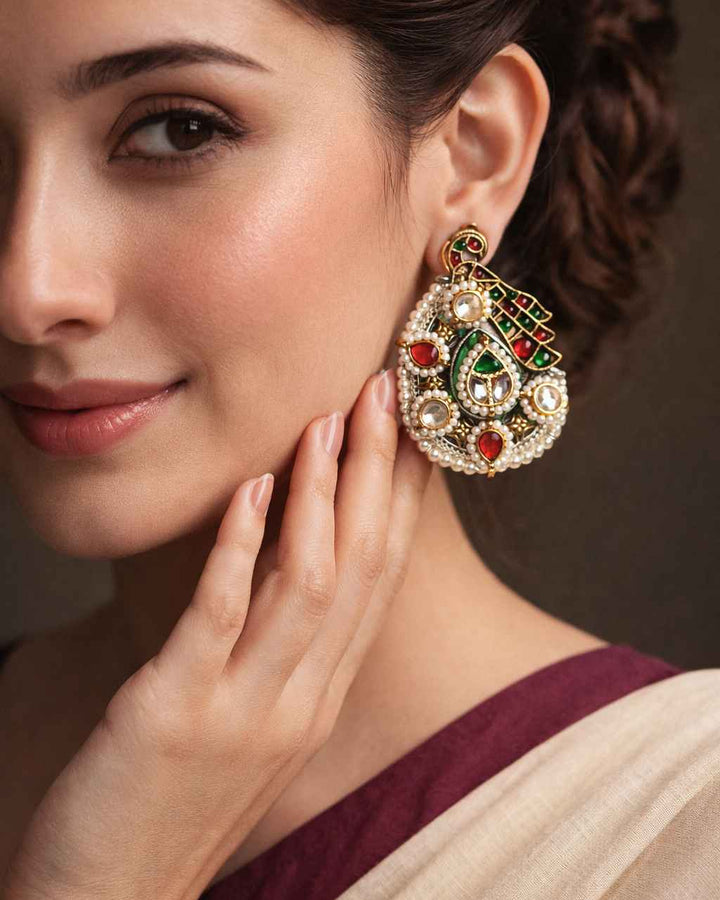 Telanaari Elegant Alka Dual Tone Fushion Pachi Kundan Silver Plated Earrings