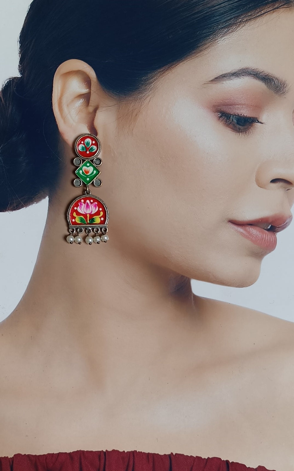 Telanaari Classic Charu Hand Painted Silver Plated Earrings - TelaNaari