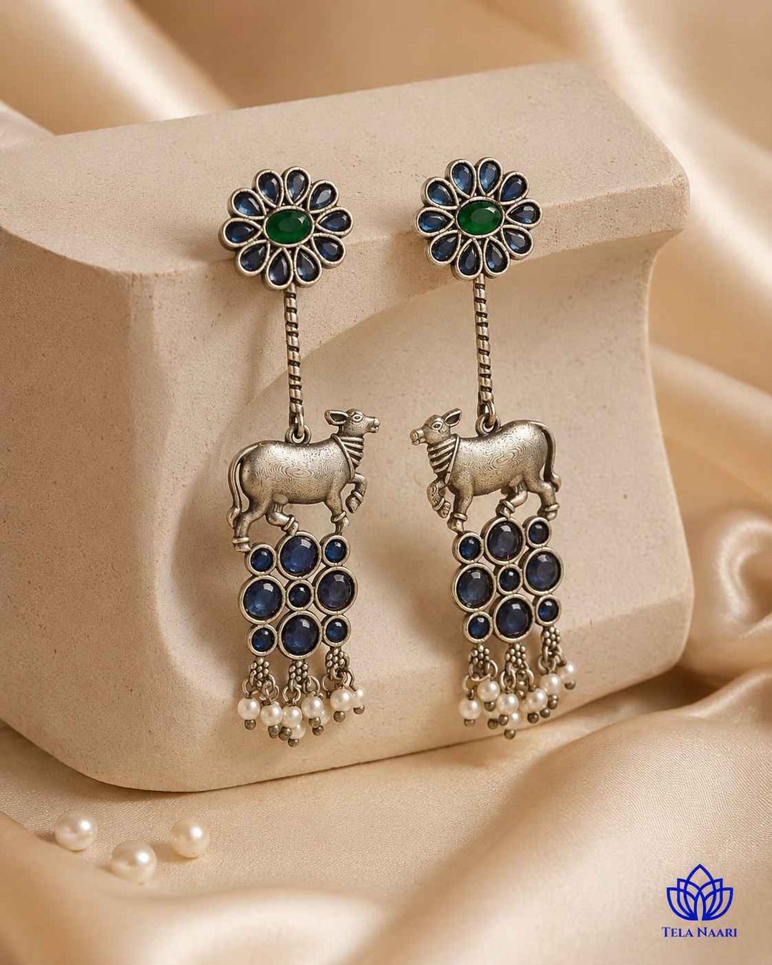 Aashmita Nandi Silver Oxidised Blue Earrings