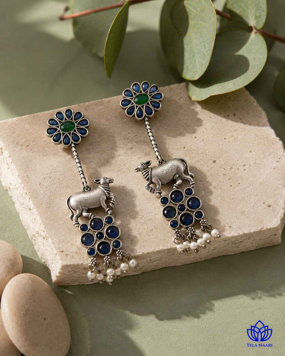 Aashmita Nandi Silver Oxidised Blue Earrings