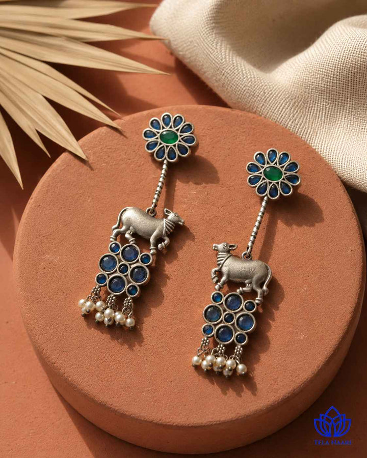 Aashmita Nandi Silver Oxidised Blue Earrings