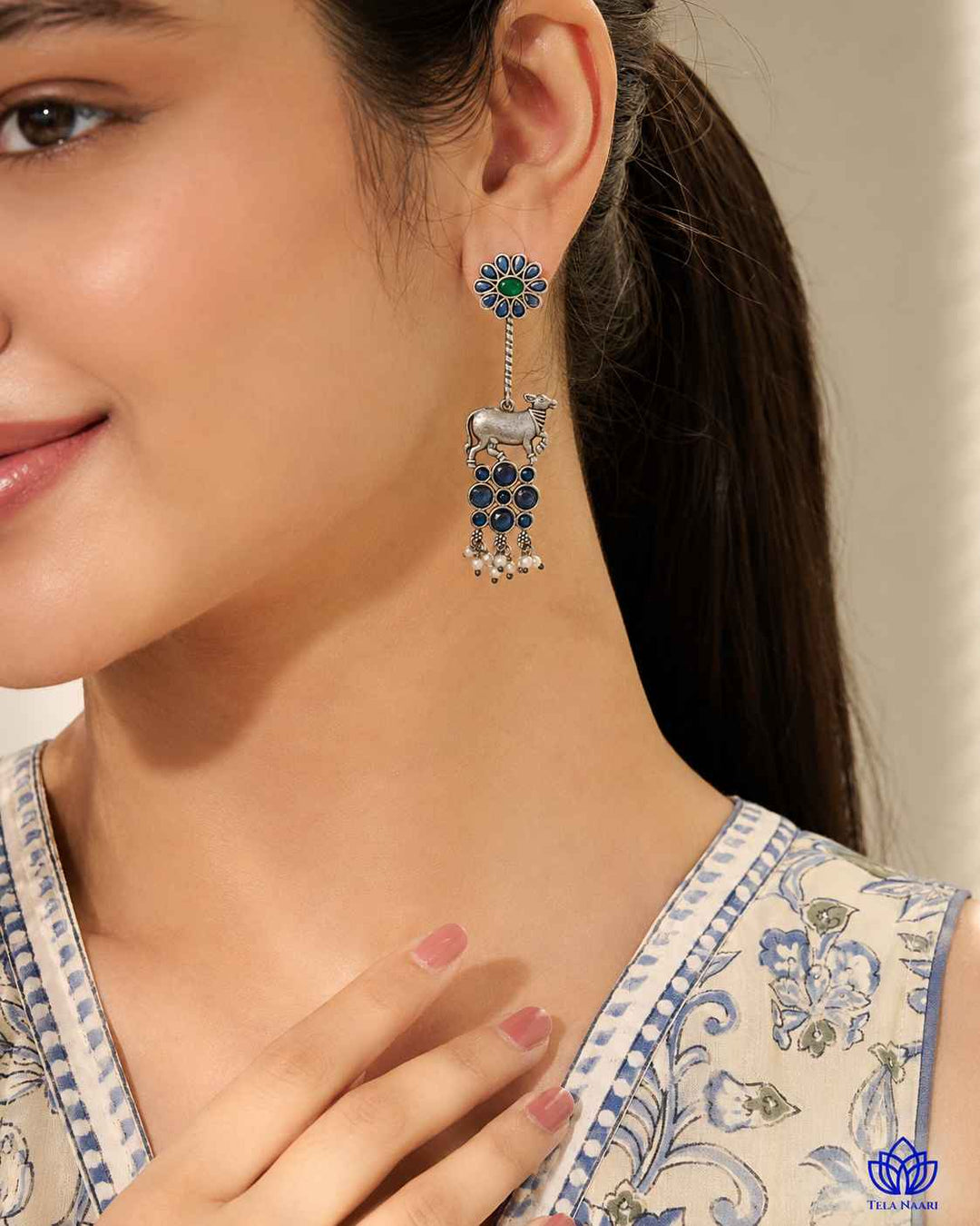 Aashmita Nandi Silver Oxidised Blue Earrings
