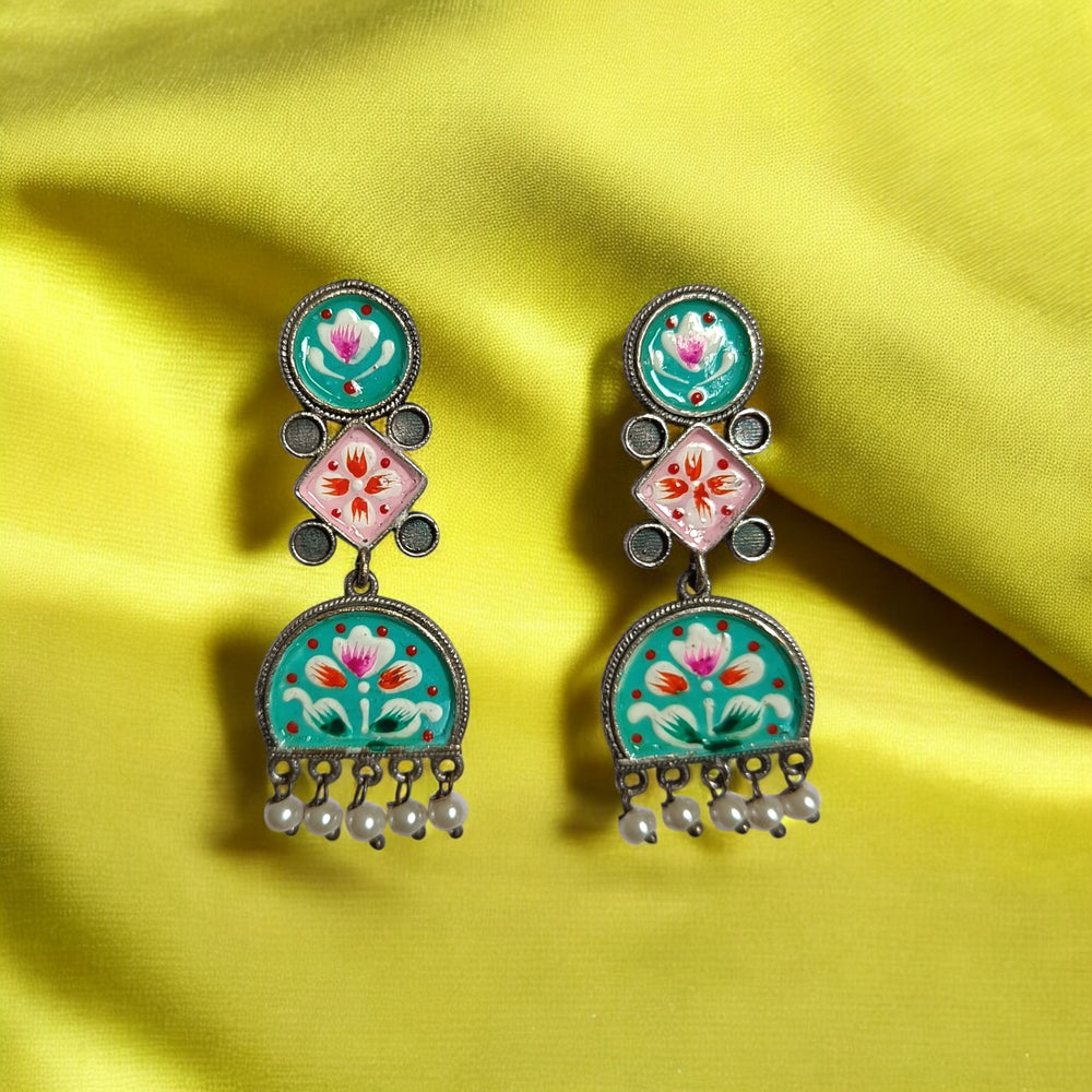 Telanaari Classic Charu Hand Painted Silver Plated Earrings - TelaNaari