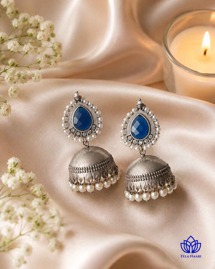 Silver Plated Nusrat Blue Jhumkas