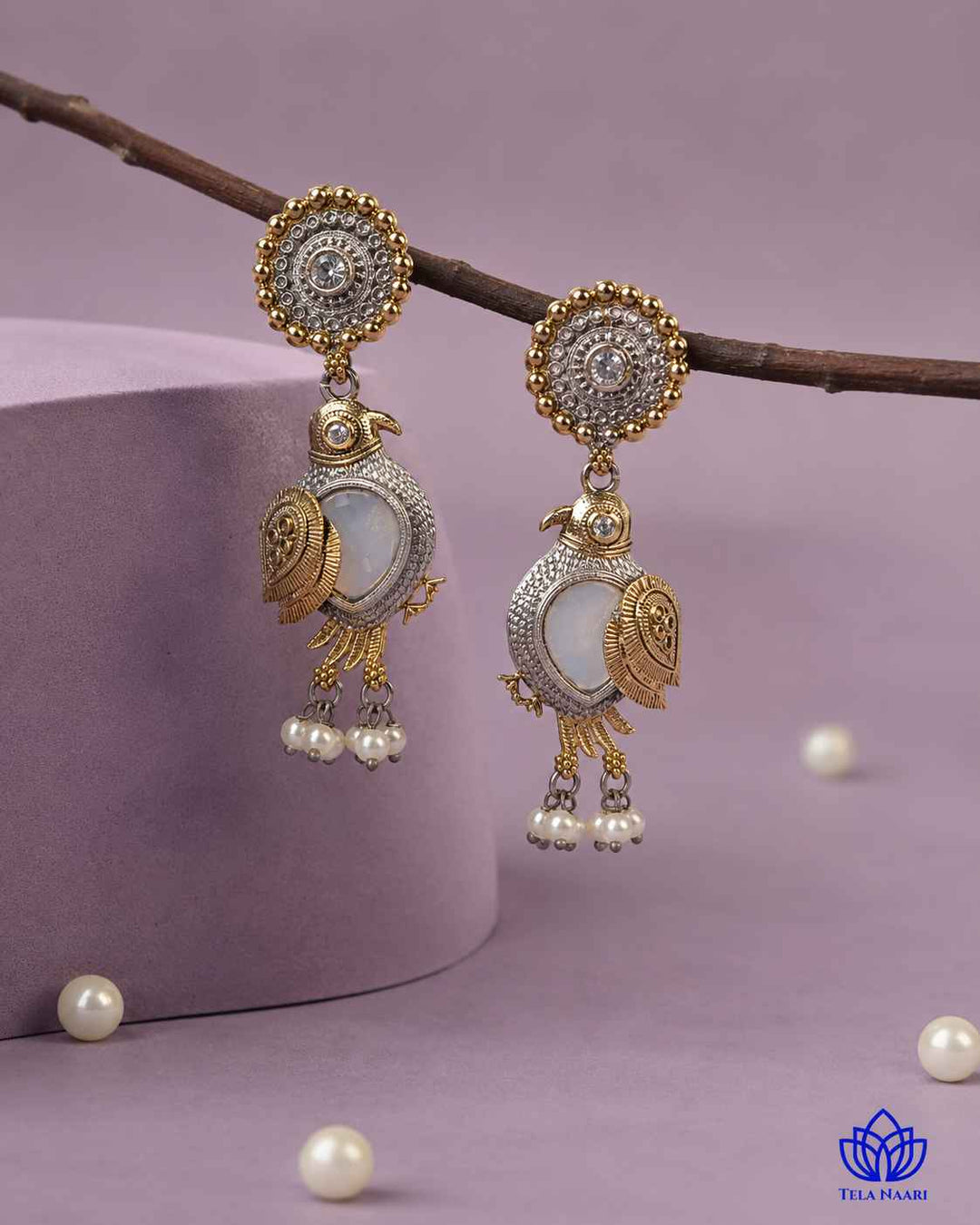 Tela Naari Damini Dual Tone Blue Bird Earrings