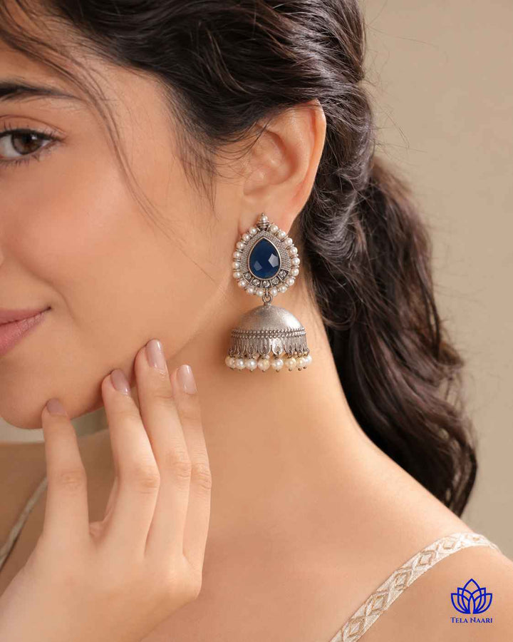 Silver Plated Nusrat Blue Jhumkas