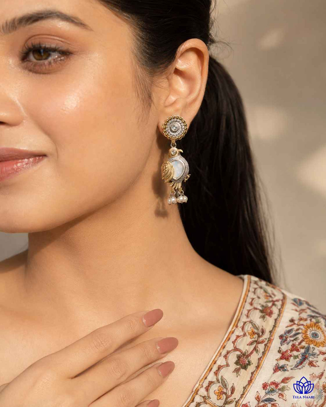Tela Naari Damini Dual Tone Blue Bird Earrings