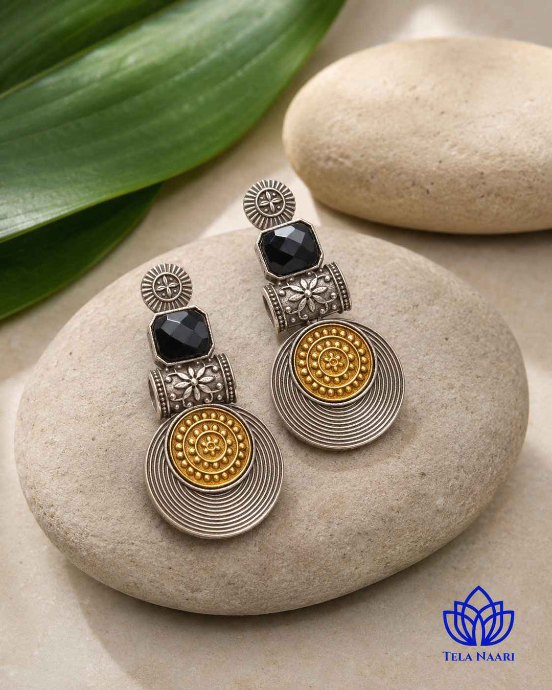 Aashtha Dual Tone Silver-Plated Black Earrings