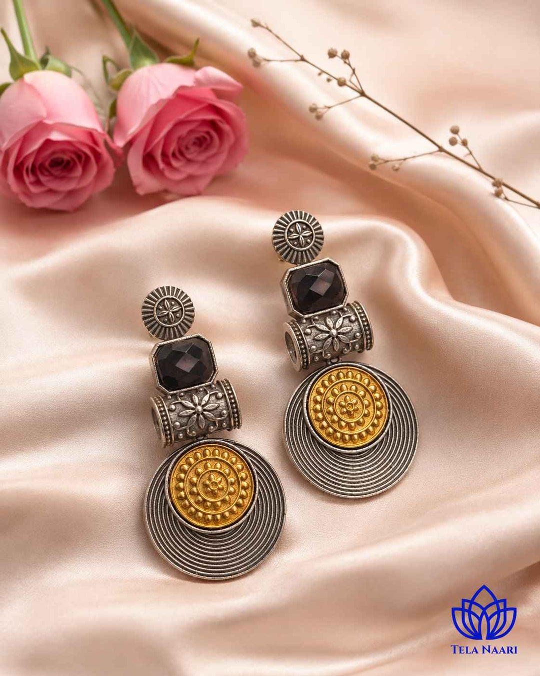 Aashtha Dual Tone Silver-Plated Black Earrings
