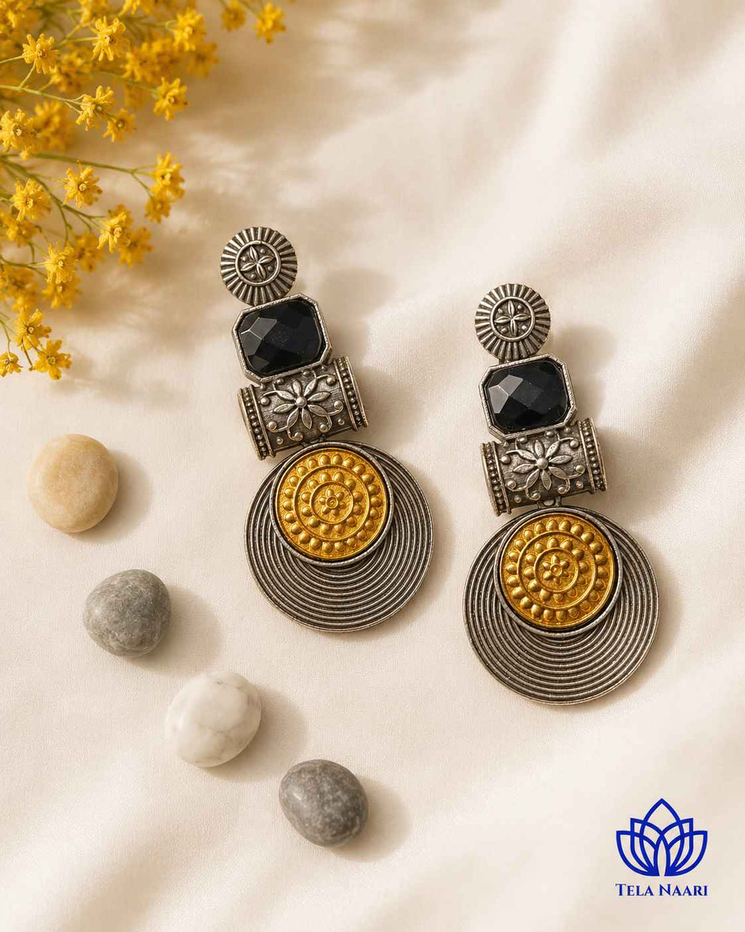 Aashtha Dual Tone Silver-Plated Black Earrings