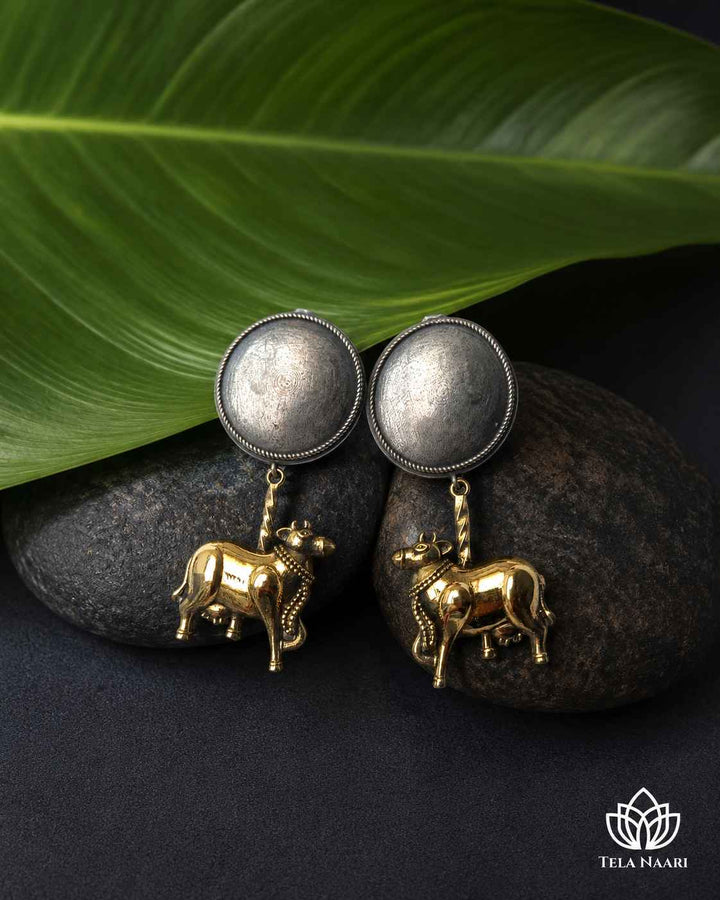 Atsi Dual Tone Cow Motif Silver-Plated Earrings | Quirky Animal Jewellery