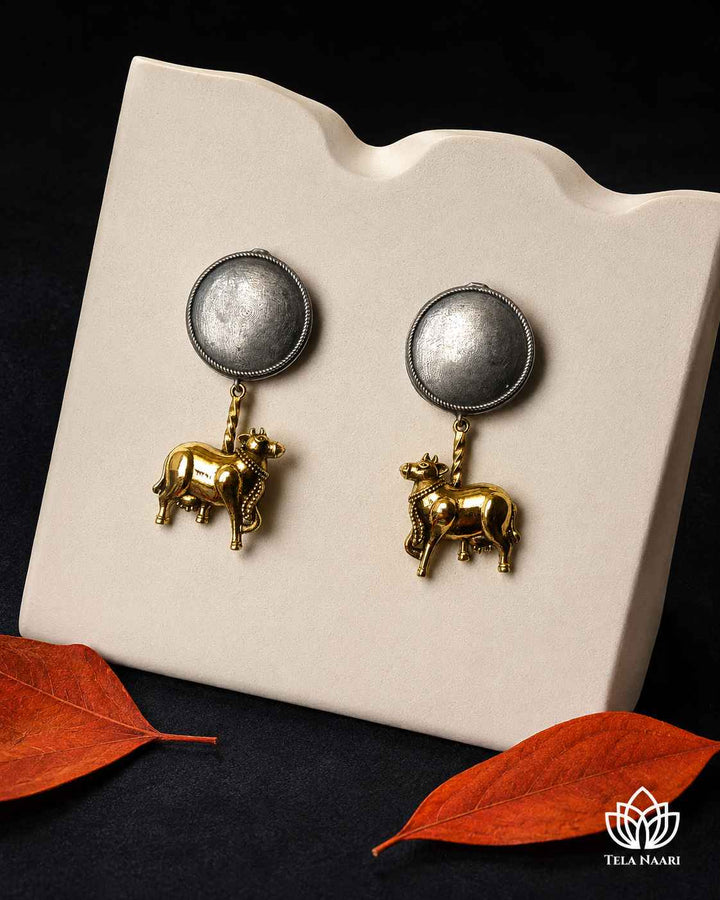 Atsi Dual Tone Cow Motif Silver-Plated Earrings | Quirky Animal Jewellery