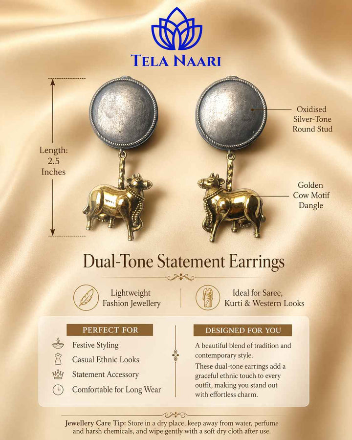 Atsi Dual Tone Cow Motif Silver-Plated Earrings | Quirky Animal Jewellery