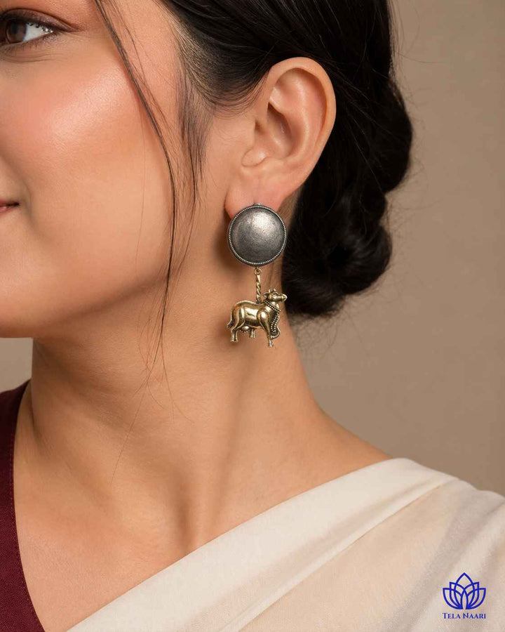 Atsi Dual Tone Cow Motif Silver-Plated Earrings | Quirky Animal Jewellery