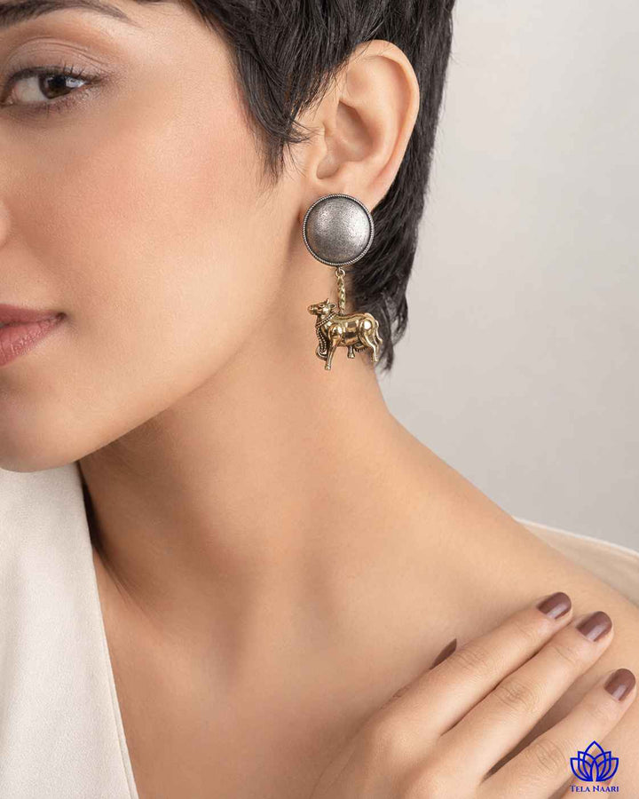 Atsi Dual Tone Cow Motif Silver-Plated Earrings | Quirky Animal Jewellery