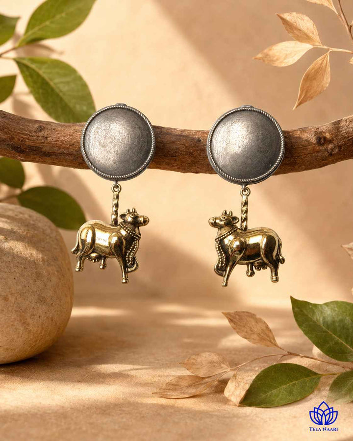 Atsi Dual Tone Cow Motif Silver-Plated Earrings | Quirky Animal Jewellery