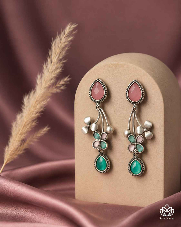 Pink Ena Silver Oxidised Floral Drop Earrings