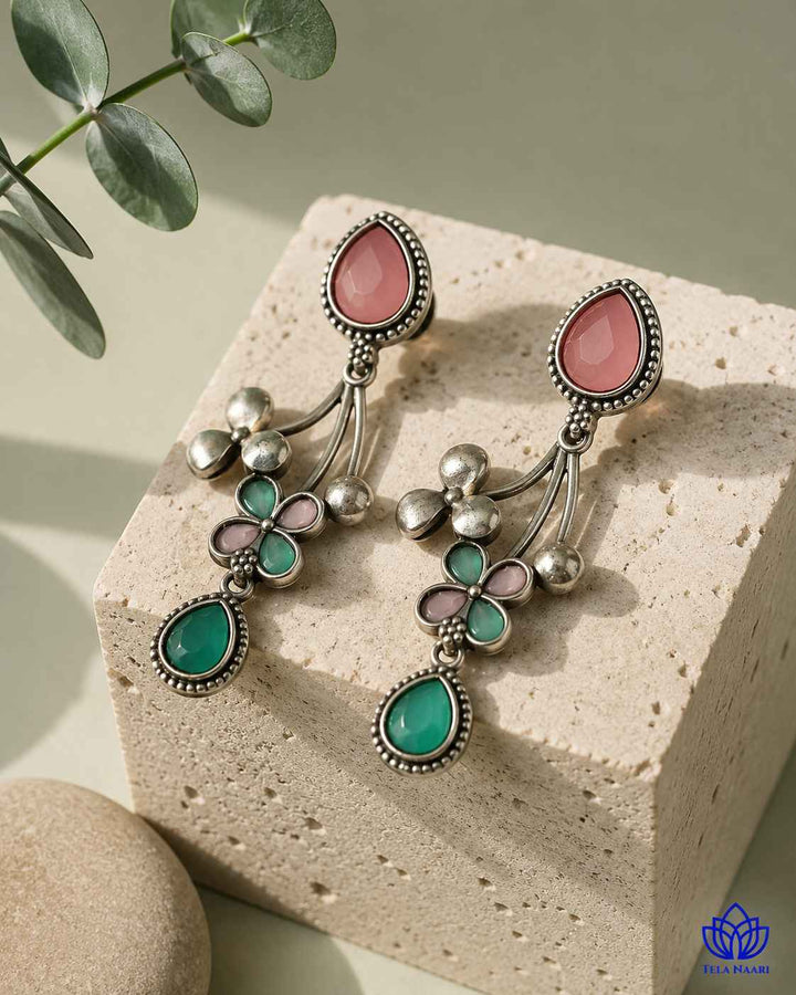 Pink Ena Silver Oxidised Floral Drop Earrings