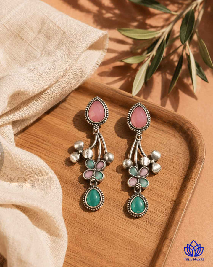 Pink Ena Silver Oxidised Floral Drop Earrings