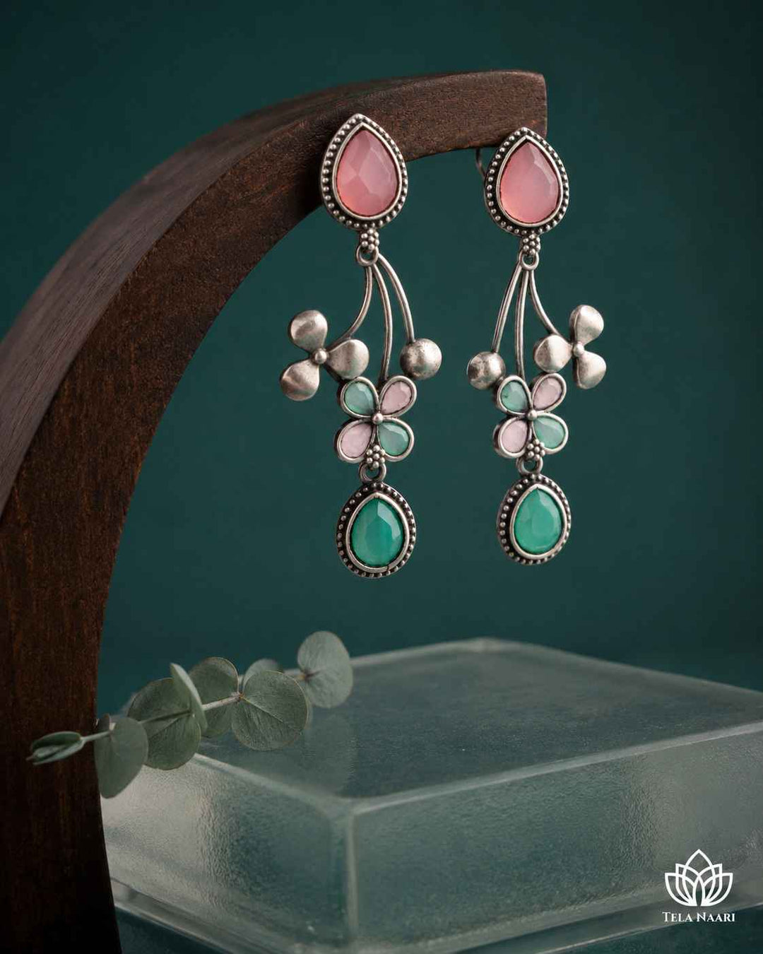 Pink Ena Silver Oxidised Floral Drop Earrings