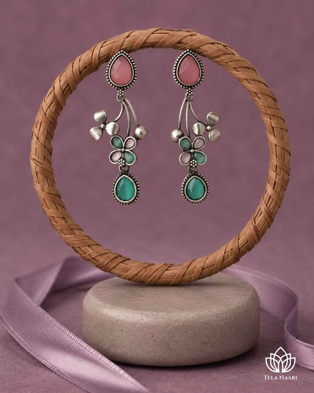 Pink Ena Silver Oxidised Floral Drop Earrings