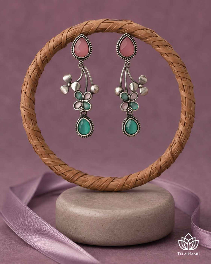 Pink Ena Silver Oxidised Floral Drop Earrings