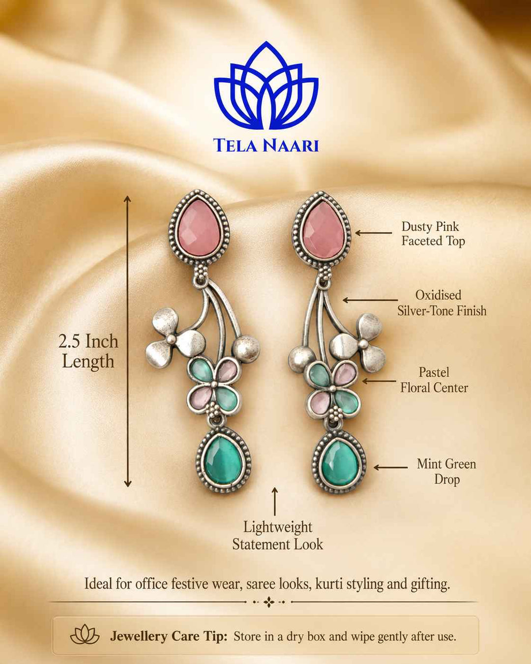 Pink Ena Silver Oxidised Floral Drop Earrings