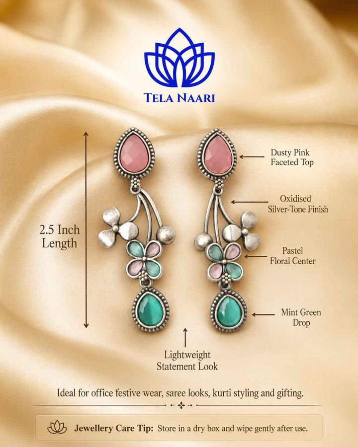 Pink Ena Silver Oxidised Floral Drop Earrings