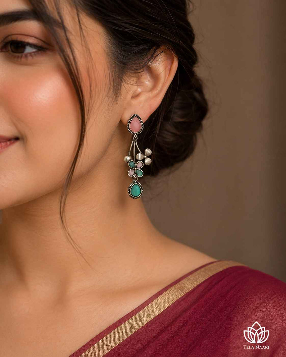 Pink Ena Silver Oxidised Floral Drop Earrings