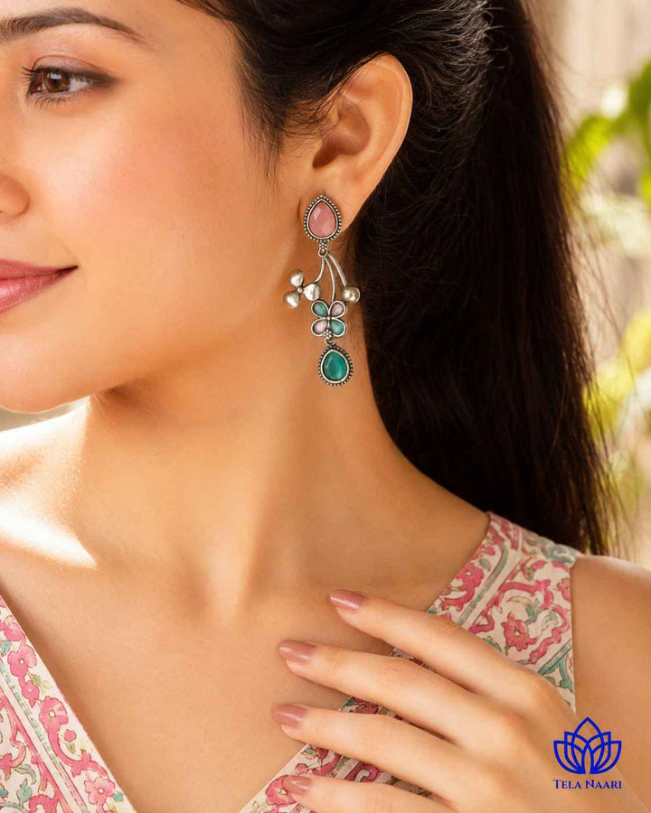 Pink Ena Silver Oxidised Floral Drop Earrings