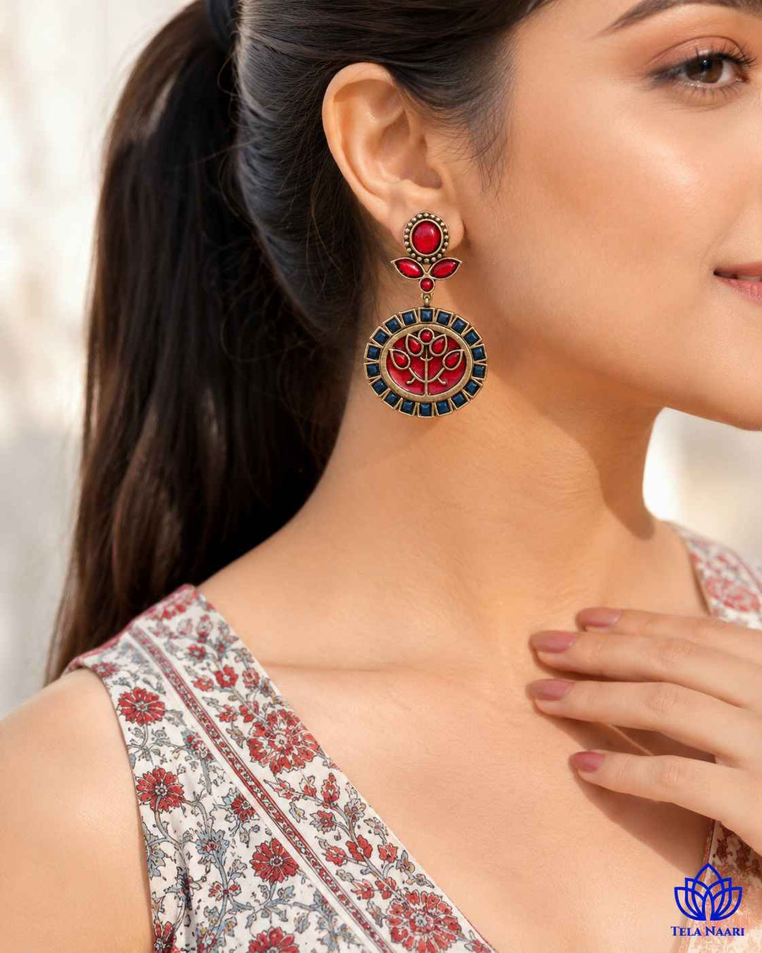 Elegant Indraja Red Blue Silver-Plated Earrings
