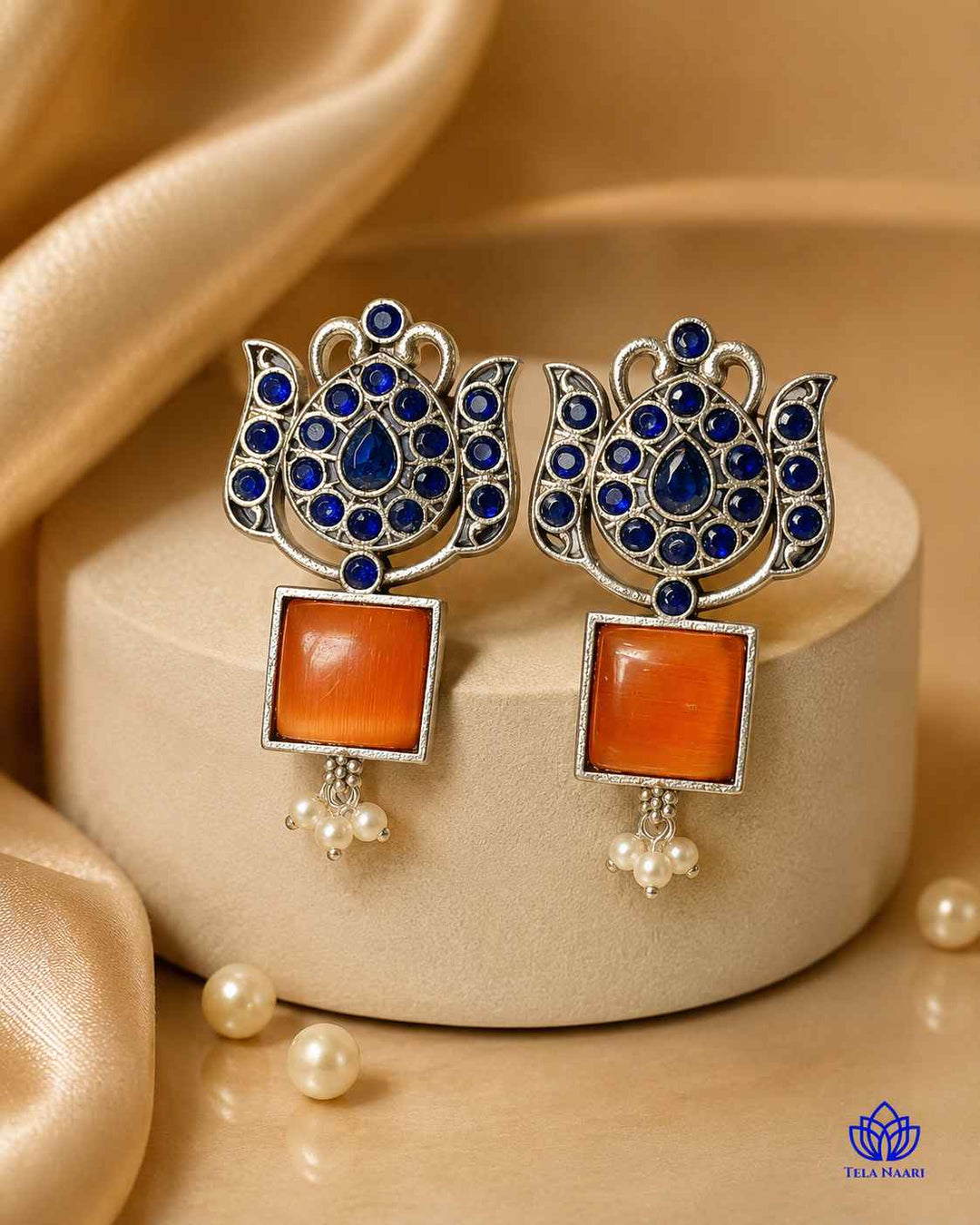 Silver Oxidised Earrings Azalea Orange